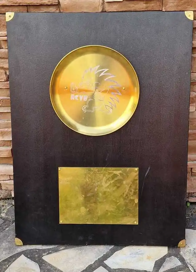 Bouclier Chanka est une grande plaque rectangulaire avec une finition en bois sombre et des accents dorés, dédiée. La plaque comporte une plaque dorée circulaire proéminente en haut, sur laquelle est gravé le logo du RCVB, montrant le hérisson stylisé tenant un ballon de rugby. Sous la plaque circulaire se trouve une plaque d’or rectangulaire qui porte des inscriptions sur les issus de Tournoi. La plaque dégage un sentiment d'accomplissement et d'honneur, il est décerné pour une réalisation importante dans le rugby.